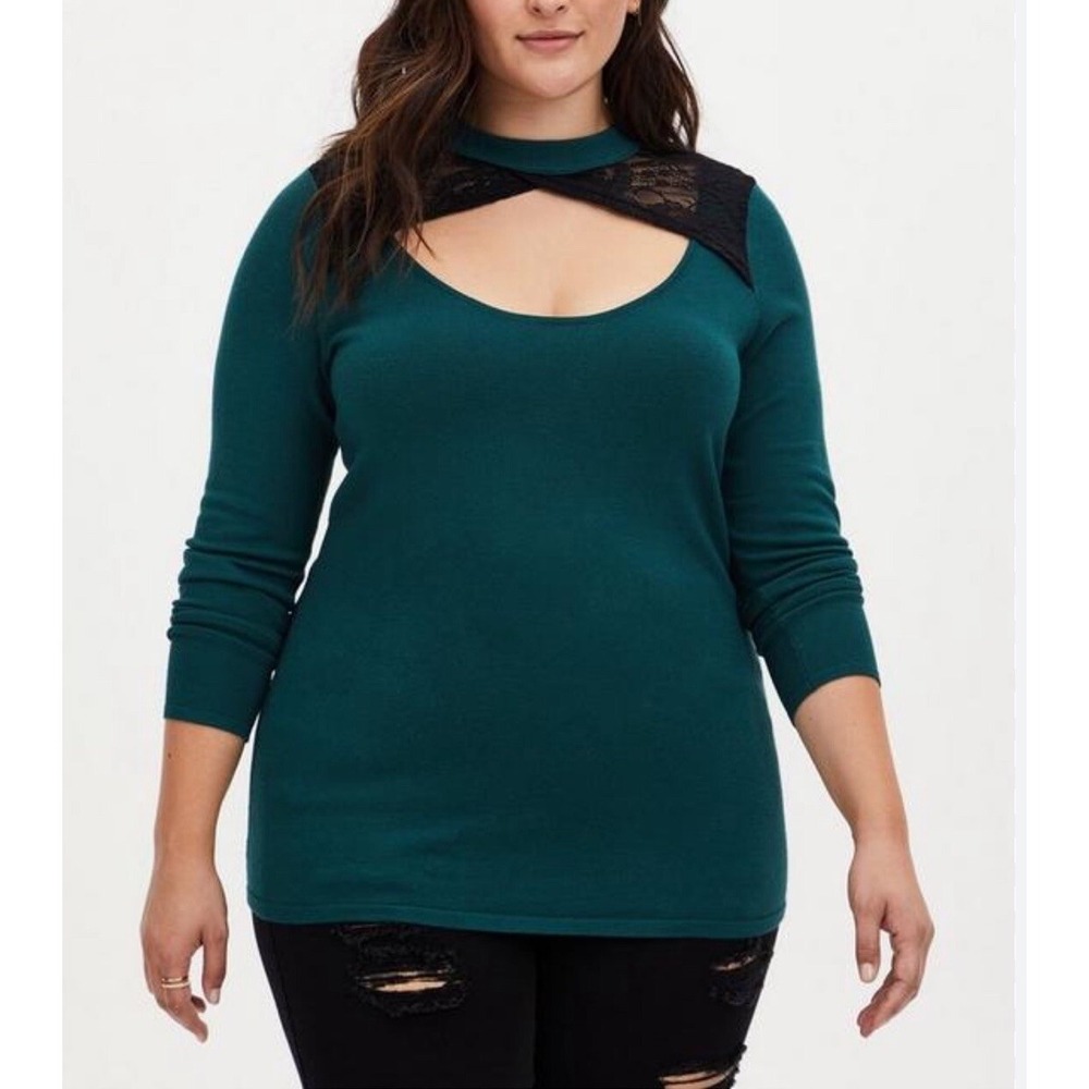 Torrid Pullover Lace Keyhole Sweater 1X Green Black Romantic Date night holiday